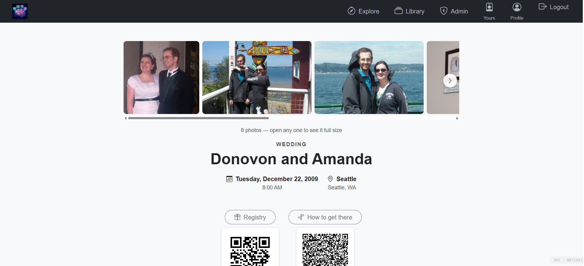 An occasion page for a wedding, showing the schedule, the couple, and messages left by guests