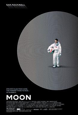 Poster for Moon: an astronaut stands holding his helmet at the centre of a vast set of concentric white rings on black.