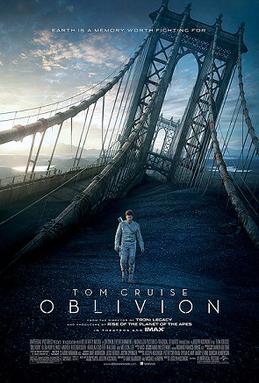 Poster for Oblivion: a lone figure stands on the ruined, half-buried Manhattan Bridge under a pale sky, beneath the line &ldquo;Earth is a memory worth fighting for&rdquo;.