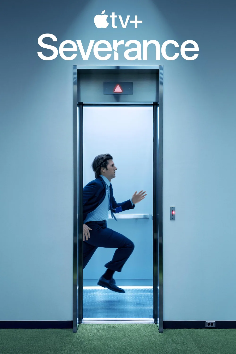 Poster for Severance: an office worker in a suit runs through a narrow lift doorway set into a pale blue wall.